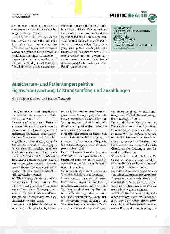 Vorschauseite 1: Versichertenund Patientenperspektive: Eigenverantwortung, Leistungsumfang und Zuzahlungen