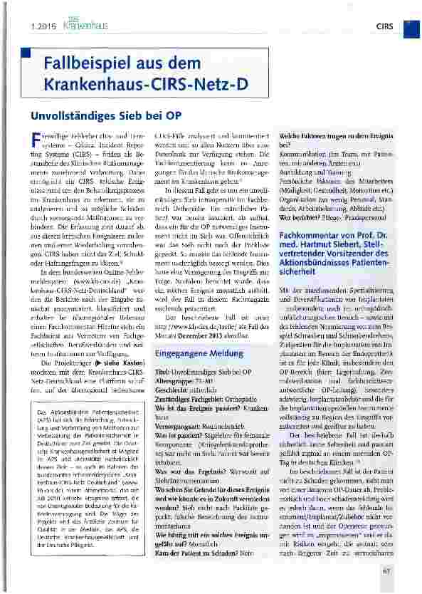 Vorschauseite 1: Fallbeispiel aus dem Krankenhaus-CIRS-Netz-D