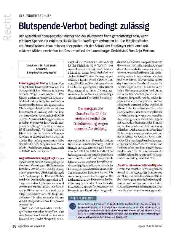 Vorschauseite 1: Blutspende-Verbot bedingt zulässig