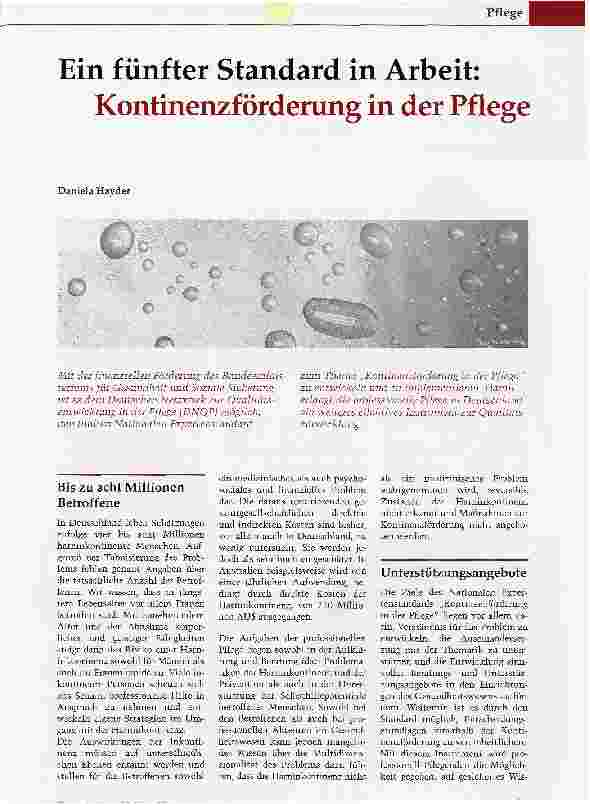 Vorschauseite 1: Ein fünfter Standard in Arbeit: Kontinenzförderung in der Pflege