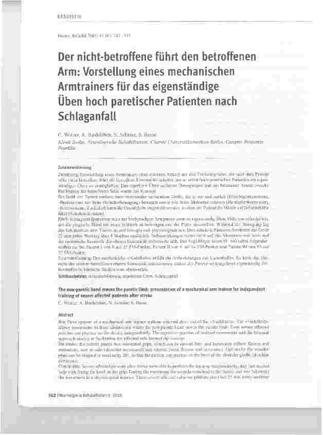 Vorschauseite 1: Der nicht-betroffene führt den betroffenen Arm: Vorstellung eines mechanischen Armtrainers für das eigenständige Üben hoch paretischer Patienten nach Schlaganfall