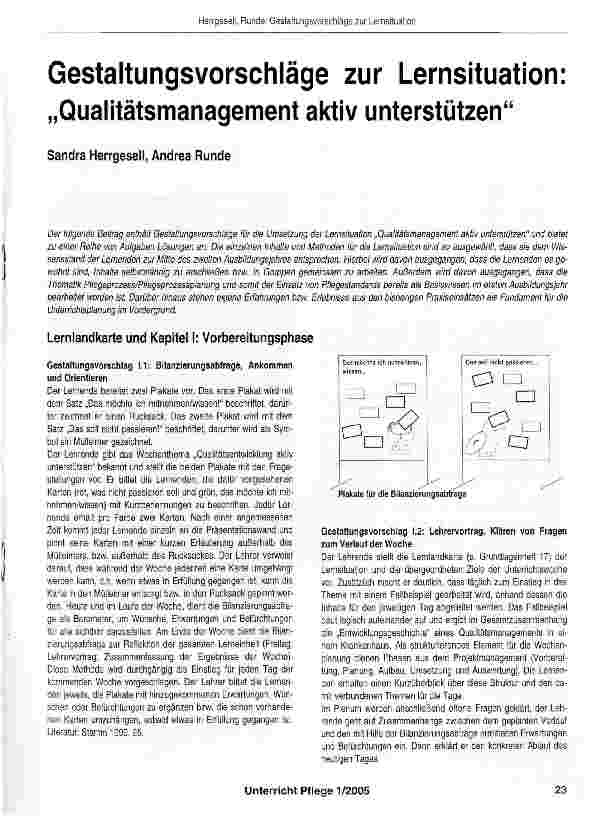 Vorschauseite 1: Gestaltungsvorschläge zur Lernsituation „Qualitätsmanagement aktiv unterstützen
