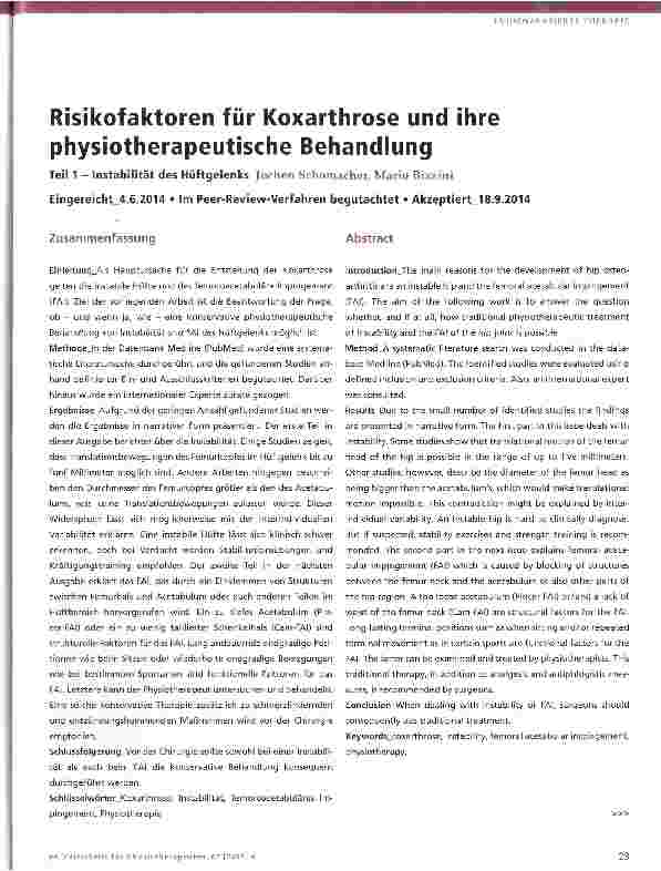 Vorschauseite 1: Risikofaktoren für Koxarthrose und ihre physiotherapeutische Behandlung Teil 1 - Instabilität des Hüftgelenks