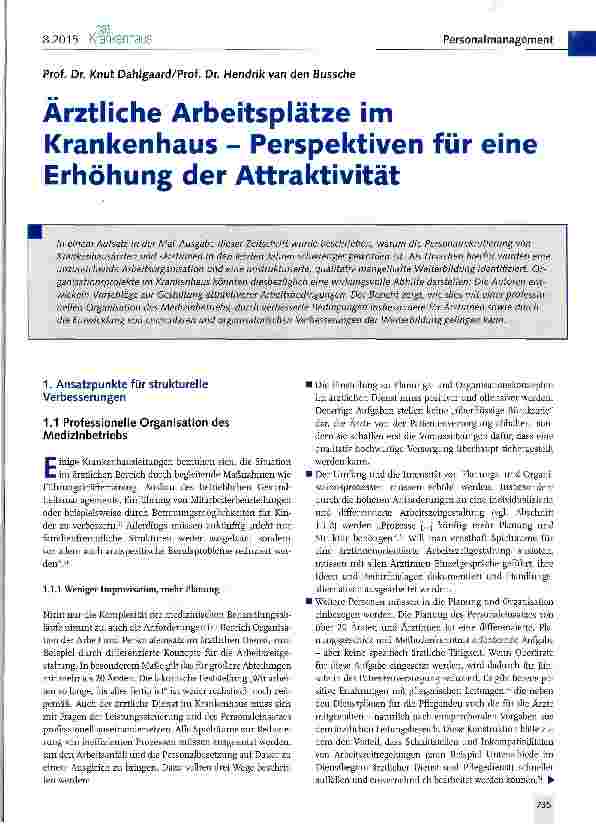 Vorschauseite 1: Ärztliche Arbeitsplätze im Krankenhaus - Perspektiven für eine Erhöhung der Attraktivität
