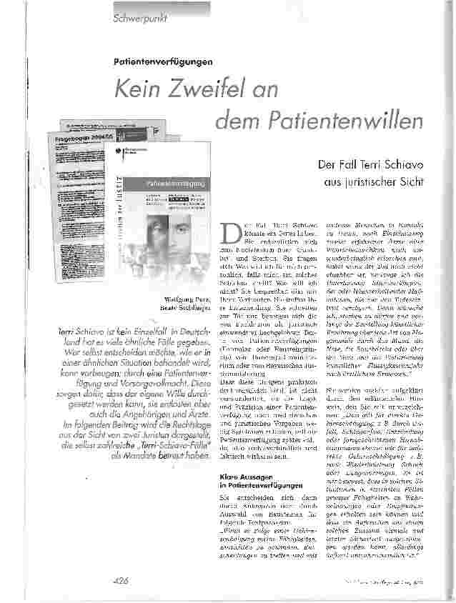 Vorschauseite 1: Kein Zweifel an dem PatientenwillenDer Fall Terri Schiavo aus juristischer Sicht
