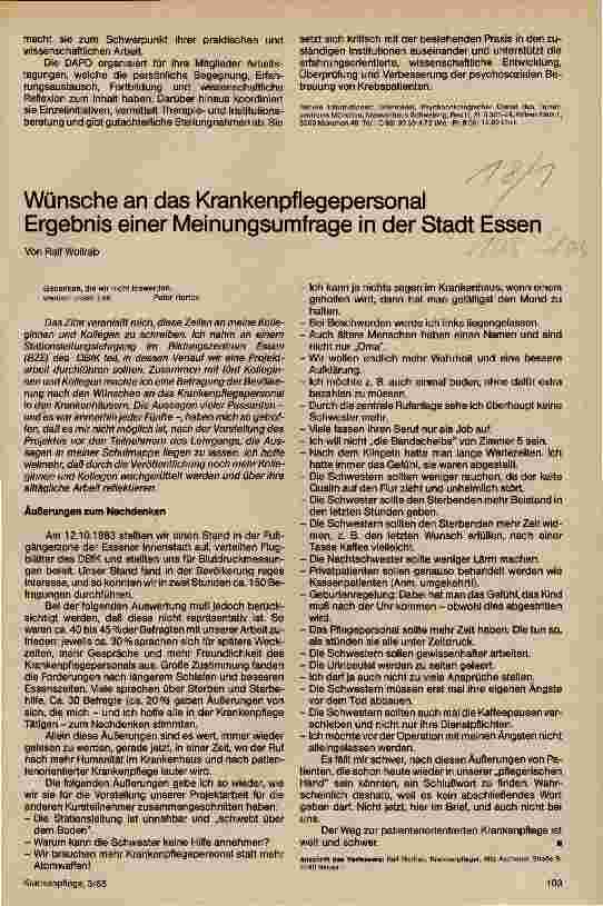 Vorschauseite 1: Wünsche an das Krankenpflegpersonal/Ergebnis einer Meinungsumfrage in der Stadt Essen
