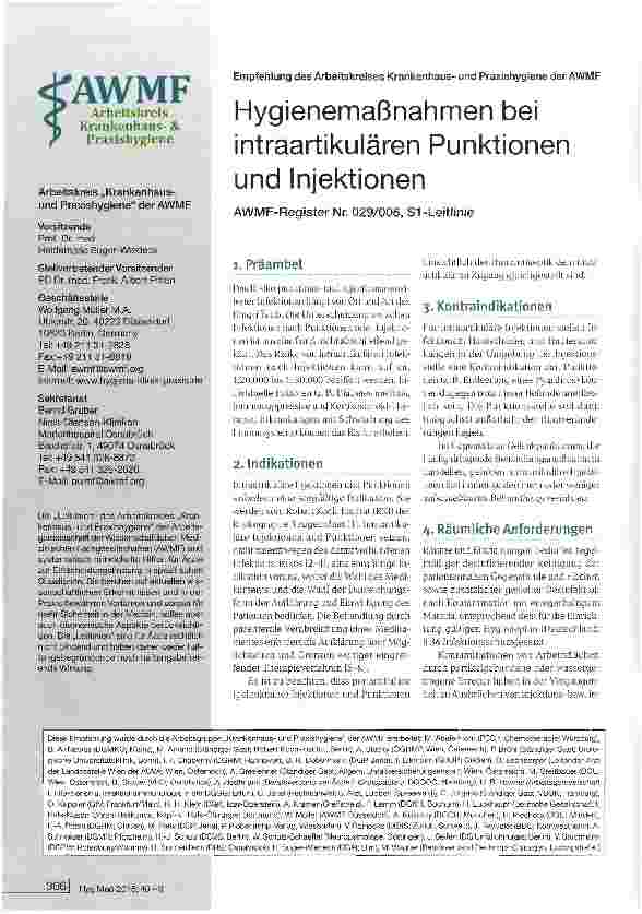 Vorschauseite 1: Hygienemaßnahmen bei intraartikulären Punktionen und Injektionen