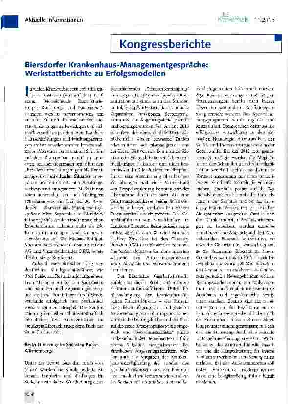Vorschauseite 1: Biersdorfer Krankenhaus-Managementgespräche; Werkstattberichte zu Erfolgsmodellen