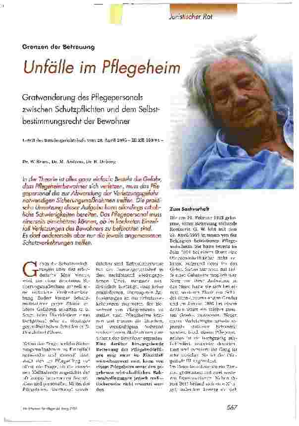 Vorschauseite 1: Unfälle im PflegeheimGralwanderung des Pflegepersonals zwischen Schutzpflichten und dem Selbstbestimmungsrecht der Bewohner