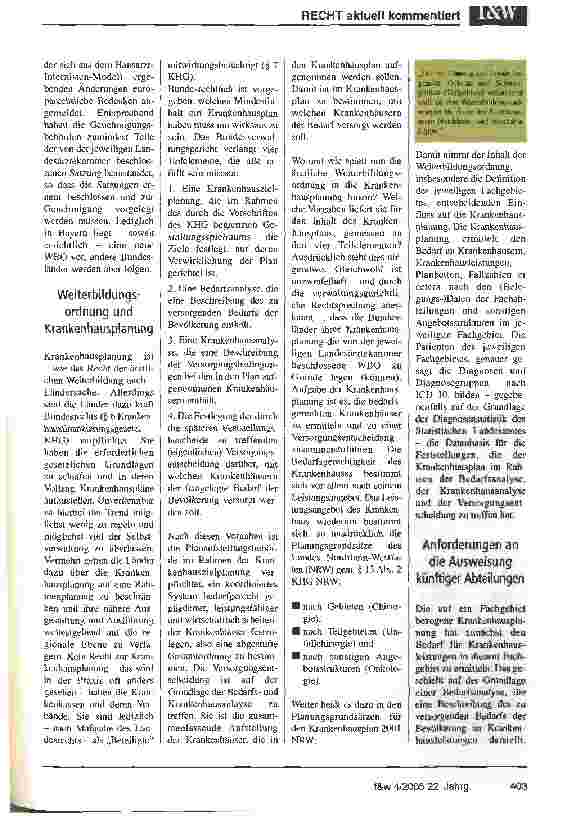 Vorschauseite 2: Weiterbildungsordnung auf die Krankenhausplanung