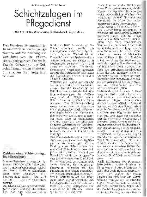 Vorschauseite 1: Schichtzulagen im Pflegedienst - Die neuere Rechtsprechung des Bundesarbeitsgerichts -