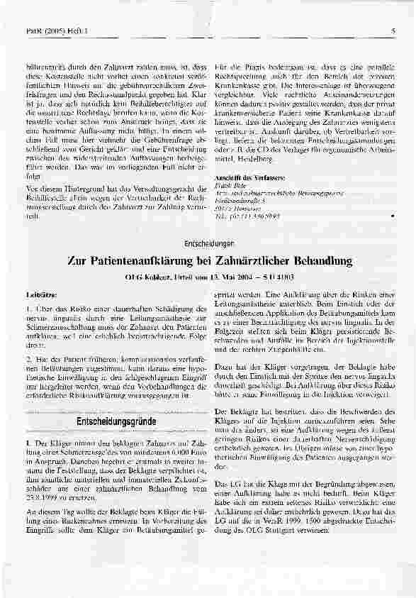 Vorschauseite 1: Zur Patientenaufklärung bei Zahnärztlicher BehandlungOLG Koblenz, Urteil vom 13. Mai 2004 - 5 U 41/03