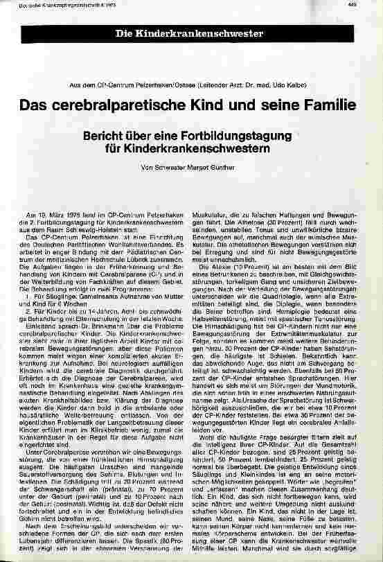 Vorschauseite 1: Das cerebralparetische Kind und seine Familie Bericht über eine Fortbildungstagung für Kinderkrankenschwestern