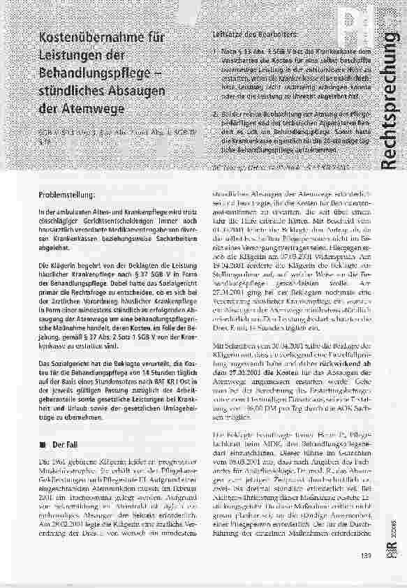Vorschauseite 1: Kostenübernahme für Leistungen der Behandlungspflegestündliches Absaugen der Atemwege