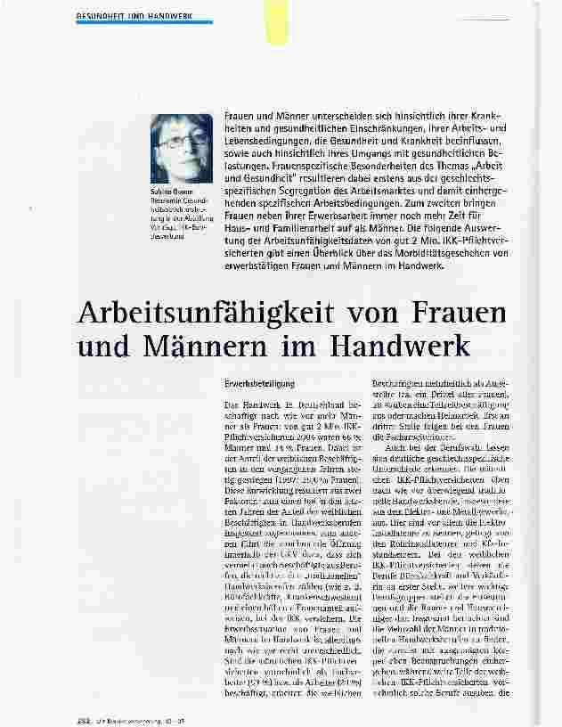 Vorschauseite 1: Arbeitsunfähigkeit von Frauen und Männern im Handwerk