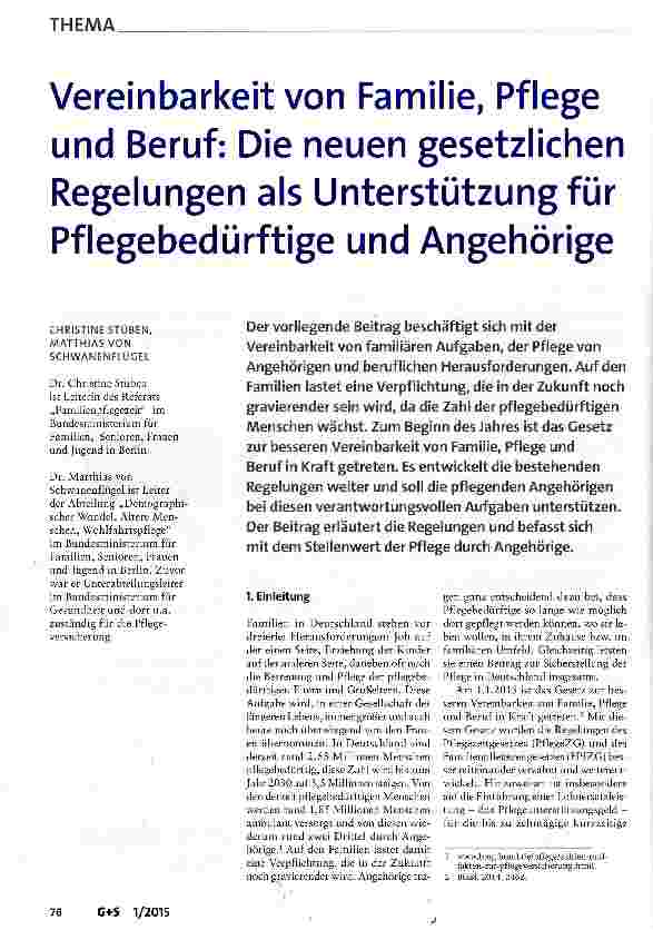 Vorschauseite 1: Vereinbarkeit von Familie, Pflege und Beruf: Die neuen gesetzlichen Regelungen als Unterstützung für Pflegebedürftige und Angehörige