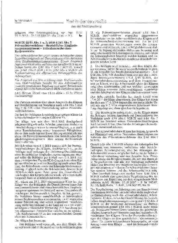 Vorschauseite 3: Leistungsklage auf behinderungsgerechte Beschäftigung eines freigestellten Betriebsratsmitglieds SGB IX § 81 Abs. 4 Satz 3; BetrVG § 38; BGB §611 Abs.l