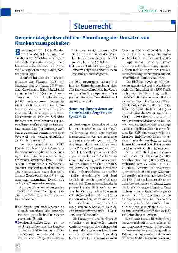 Vorschauseite 1: Gemeinnützigkeitsrechtliche Einordnung der Umsätze von Krankenhausapotheken