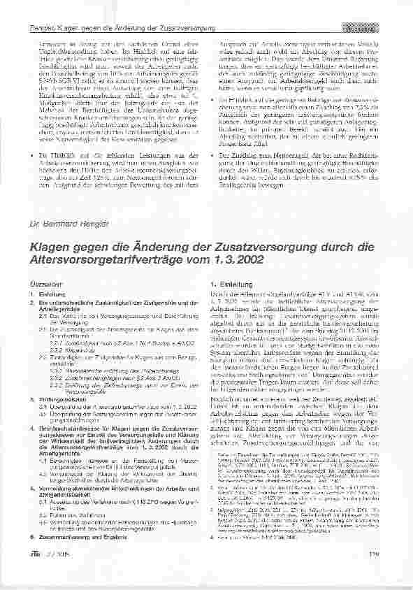 Vorschauseite 1: Klagen gegen die Änderung der Zusatzversorgung durch die Altersvorsorgetarifverträge vom 1.3.2002