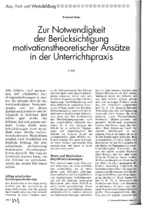 Vorschauseite 1: Zur Notwendigheit der Berücksichtigung motivationstheoreticher Ansätze in der Unterrichtspraxis 1. Teil
