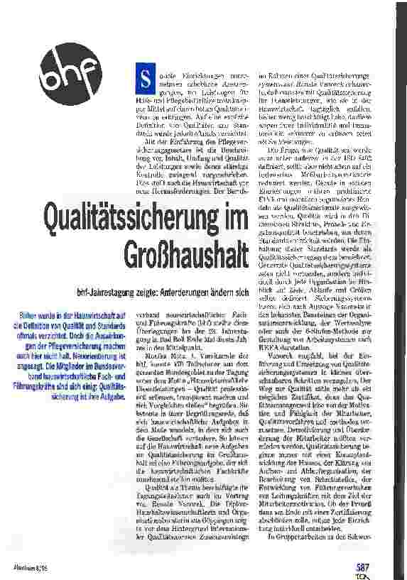 Vorschauseite 1: Qualitätssicherung im Großhaushalt bhf-Jahrestagung zeigte: Anforderungen ändern sich