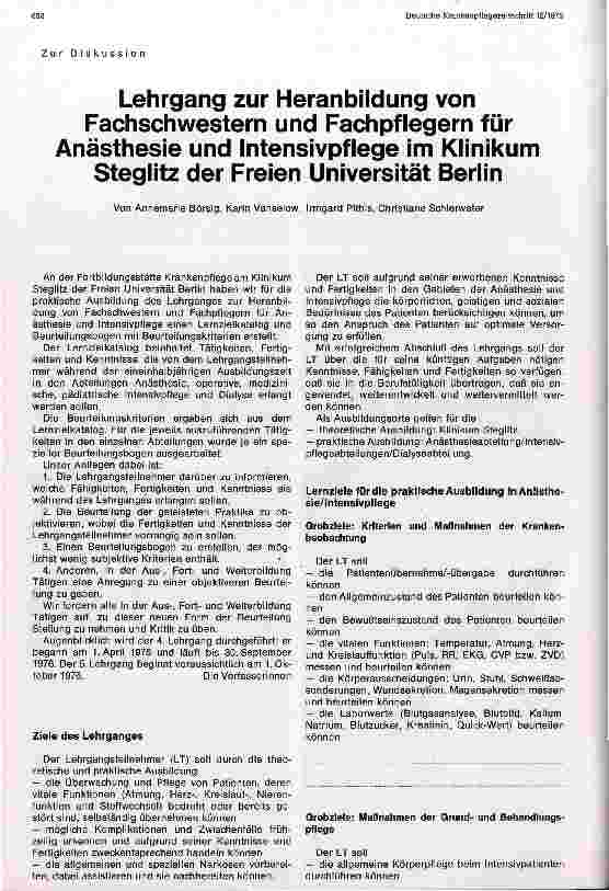 Vorschauseite 1: Lehrgang zur Heranbildung von Fachschwestern u.Fachpflegern für Anästhesie u. Intensivpflege Uni Berlin