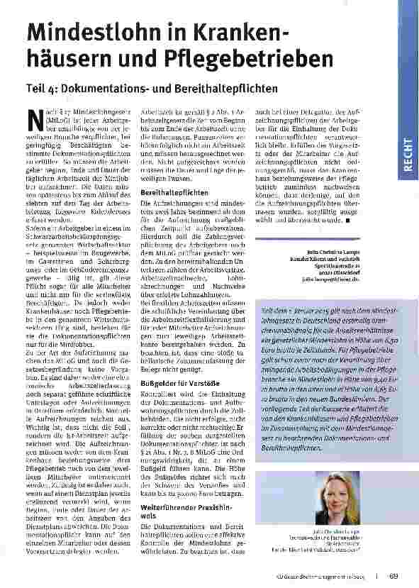 Vorschauseite 1: Mindestlohn in Krankenhäusern und Pflegebetrieben Teil 4: Dokumentationsund Bereithaltepflichten