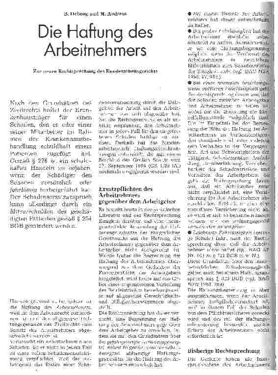 Vorschauseite 1: Die Haftung des Arbeitnehmers - Zur neuen Rechtsprechung des Bundesarbeitsgerichts -