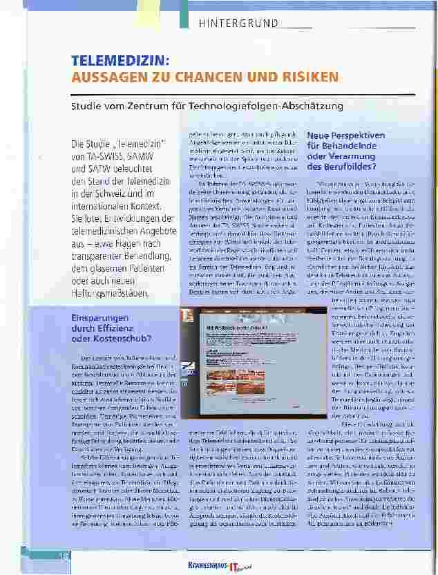 Vorschauseite 1: TELEMEDIZIN:AUSSAGEN ZU CHANCEN UND RISIKENStudie vom Zentrum für Technologiefolgen-Abschätzung