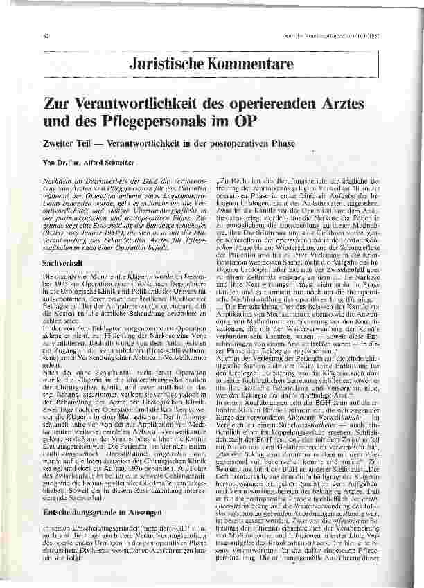 Vorschauseite 1: Zur Verantwortlichkeit des operierenden Arztes und des Pflegepersonals im OP