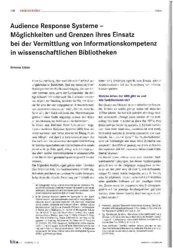 Vorschauseite 1: Audience Response Systeme -Möglichkeiten und Grenzen ihres Einsatz bei der Vermittlung von Informationskompetenz in wissenschaftlichen Bibliotheken