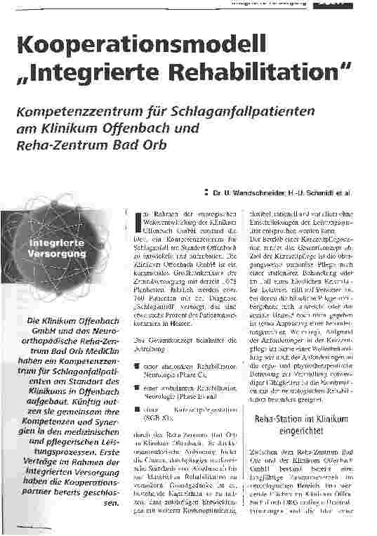 Vorschauseite 1: Kooperationsmodell Integrierte RehabilitationKompetenzzentrum für Schlaganfallpatienten am Klinikum Offenbach und Reha-Zentrum Bad Orb