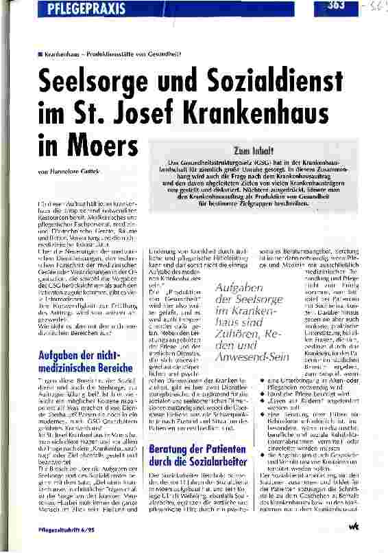 Vorschauseite 1: Seelsorge und Sozialdienst im St. Josef Krankenhaus in Moers Krankenhaus - Produktionsstätte von Gesundheit?