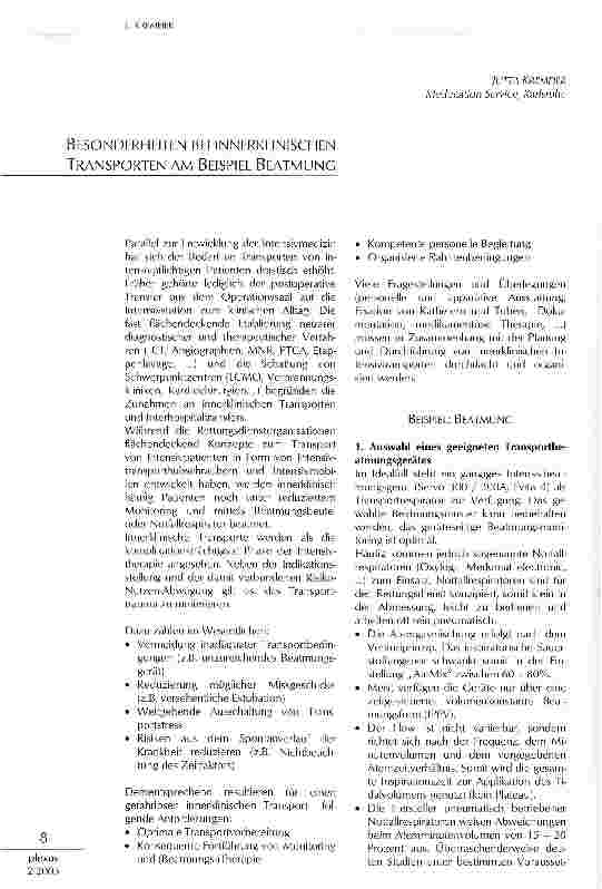 Vorschauseite 1: BESONDERHEITEN BEI INNERKLINISCHEN TRANSPORTEN AM BEISPIEL BEATMUNG