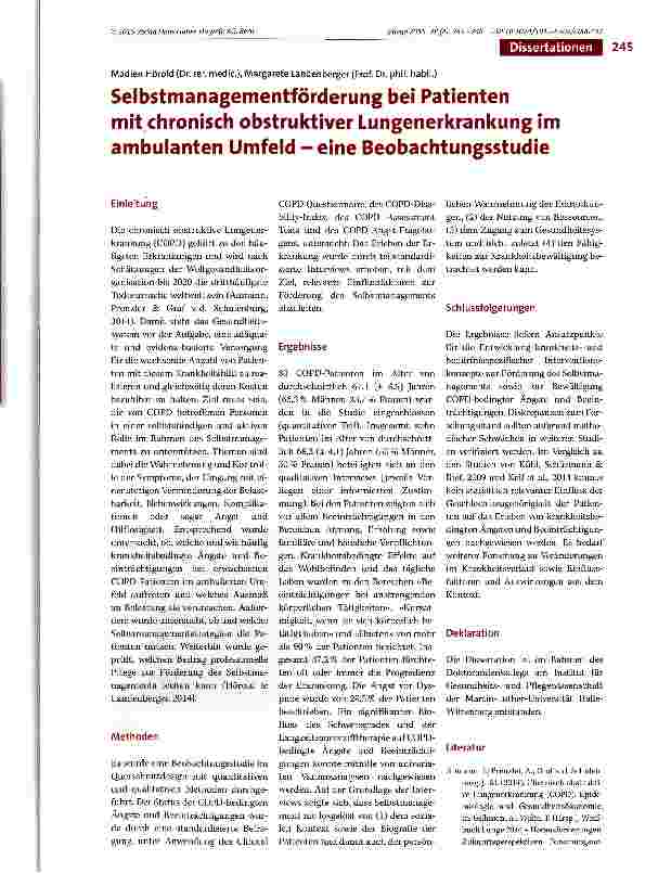 Vorschauseite 1: Selbstmanagementförderung bei Patienten mit chronisch obstruktiver Lungenerkrankung im ambulanten Umfeld - eine Beobachtungsstudie