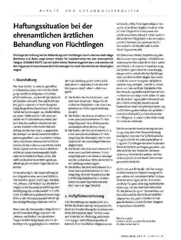 Vorschauseite 1: Haftungssituation bei der ehrenamtlichen ärztlichen Behandlung von Flüchtlingen