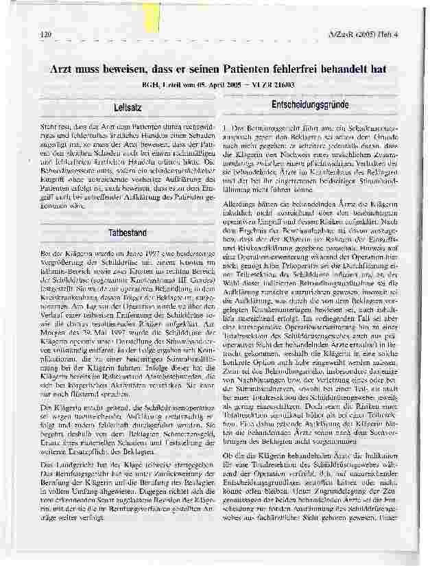 Vorschauseite 1: Arzt muss beweisen, dass er seinen Patienten fehlerfrei behandelt hatBGH, Urteil vom 05. April 2005 - VI ZR 216/03
