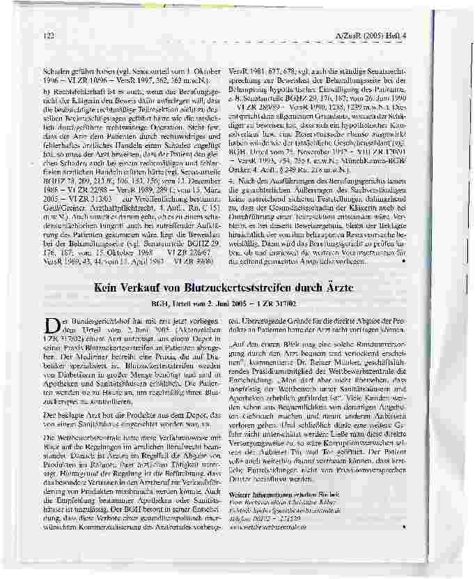 Vorschauseite 3: Arzt muss beweisen, dass er seinen Patienten fehlerfrei behandelt hatBGH, Urteil vom 05. April 2005 - VI ZR 216/03