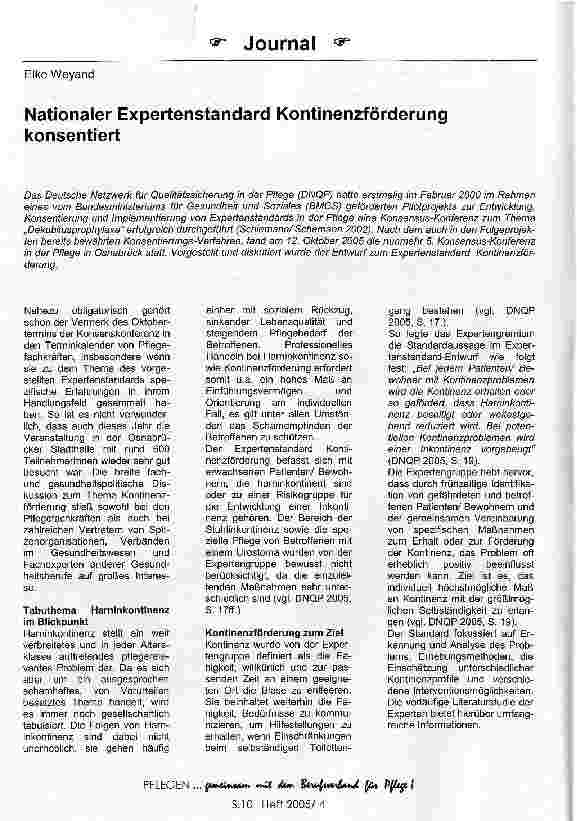 Vorschauseite 1: Nationaler Expertenstandard Kontinenzförderung konsentiert