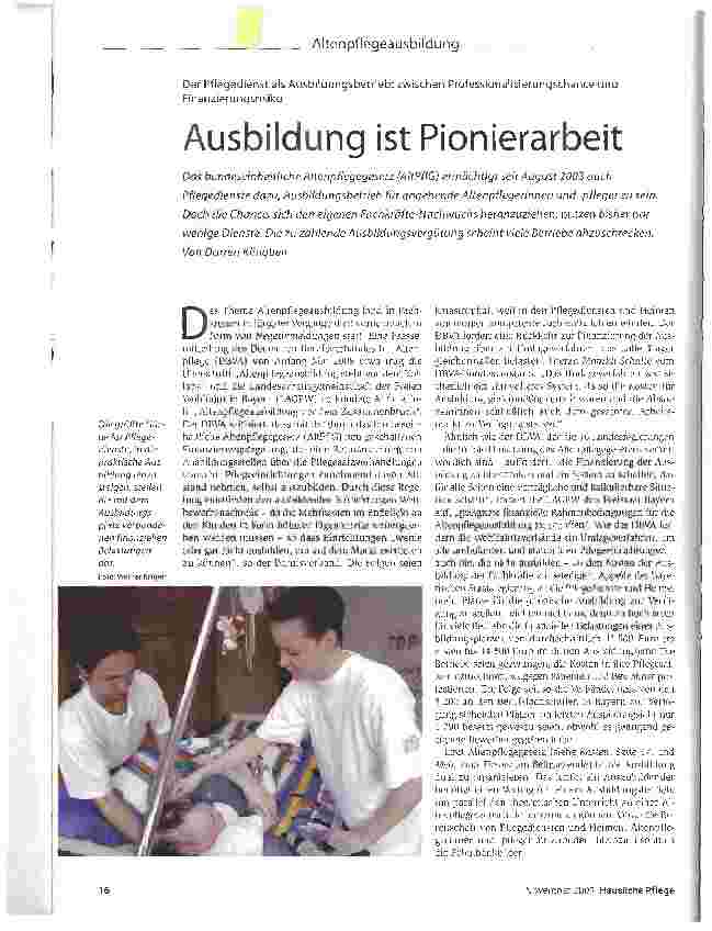 Vorschauseite 1: Ausbildung ist PionierarbeitDer Pflegedienst als Ausbildungsbetrieb: zwischen Professionalisierungschance und Finanzierungsrisiko