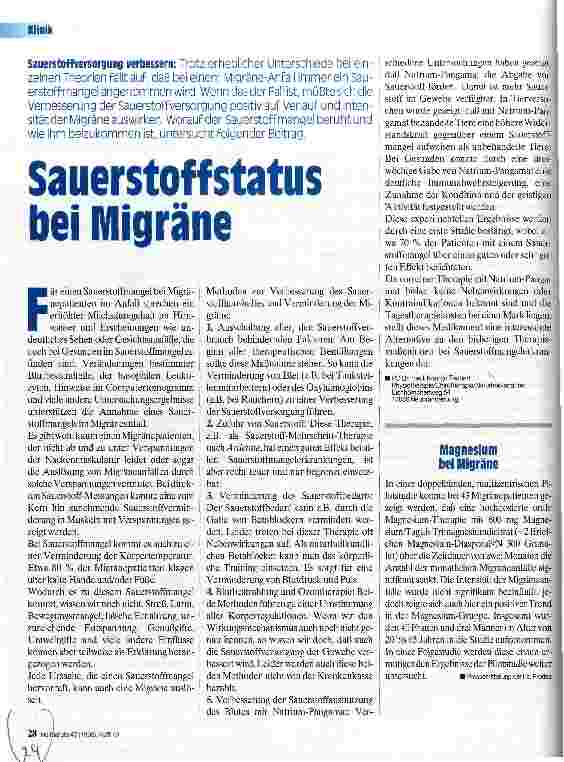 Vorschauseite 1: Sauerstoffstatus bei Migräne Sauerstoffversorgung verbessern