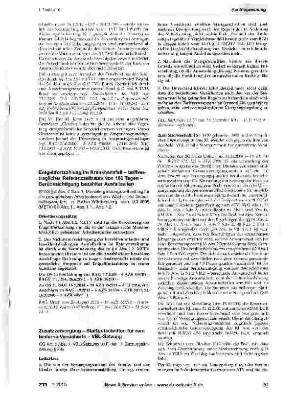 Vorschauseite 1: Entgeltfortzahlung im Krankheitsfall - tarifver-traglicher Referenzzeitraum von 182 Tagen -Berücksichtigung bezahlter Ausfallzeiten