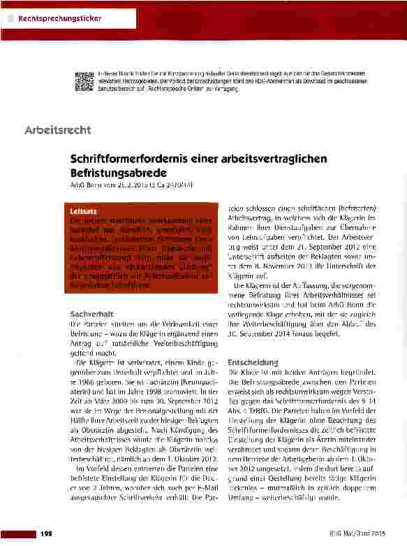 Vorschauseite 1: Schriftformerfordernis einer arbeitsvertraglichen Befristungsabrede ArbG Bonn vom 25.2.2015 (2 Ca 2470/14)