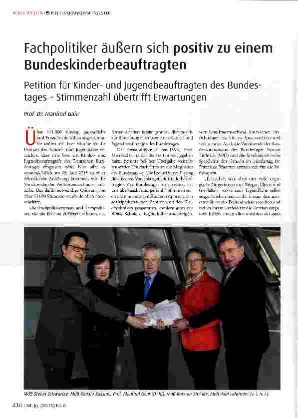 Vorschauseite 1: Fachpolitiker äußern sich positiv zu einem Bundeskinderbeauftragten