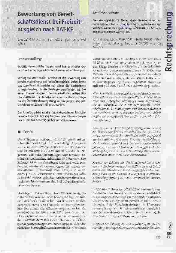 Vorschauseite 1: Bewertung von Bereit schaftsdienst bei Freizeit ausgleich nach BAT-KF