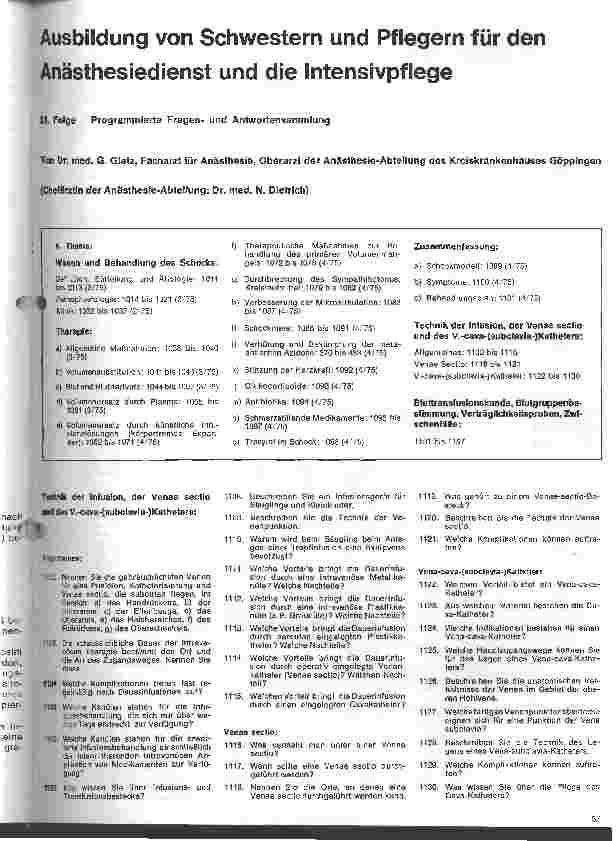 Vorschauseite 1: Ausbildung von Schwestern und Pflegern f. d. Anästhesiedienst u. Intensivpflege /31. Folge: Programmierte Fragenu. Antwortensammlung