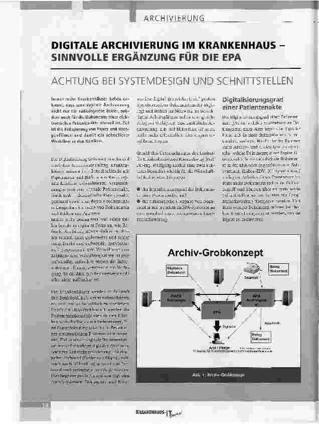 Vorschauseite 1: DIGITALE ARCHIVIERUNG IM KRANKENHAUS -SINNVOLLE ERGÄNZUNG FÜR DIE EPAACHTUNG BEI SYSTEMDESIGN UND SCHNITTSTELLEN