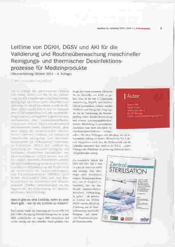 Vorschauseite 1: Leitlinie von DGKH, DGSV und AKI für die Validierung und Routineüberwachung maschineller Reinigungsund thermischer Desinfektionsprozesse für Medizinprodukte