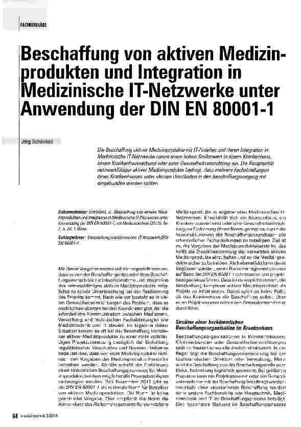 Vorschauseite 1: Beschaffung von aktiven Medizin Produkten und Integration in Medizinische IT-Netzwerke unter Anwendung der DIN EN 80001-1