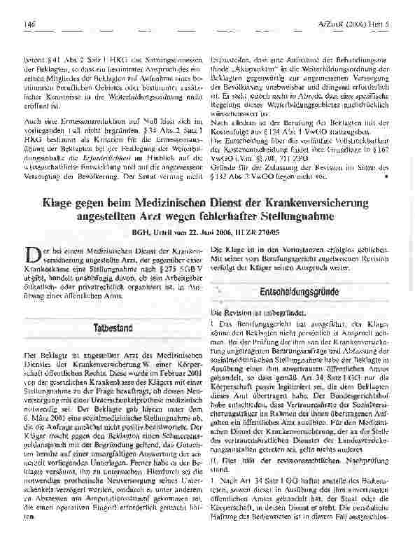 Vorschauseite 1: Klage gegen beim Medizinischen Dienst der Krankenversicherung angestellten Arzt wegen fehlerhafter Stellungnahme